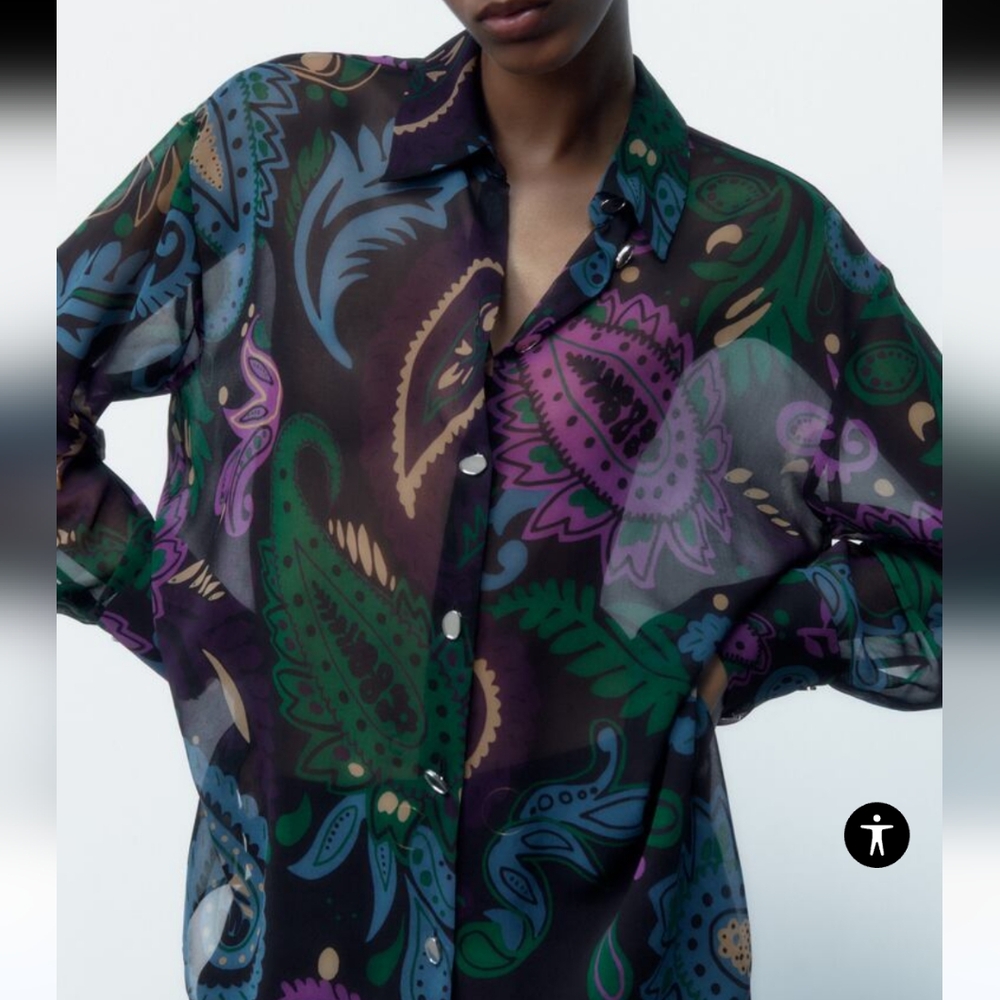 Zara Paisley Printed Semi-Sheer Shirt Womens S Multicolor Artsy Boho Retro 90s
